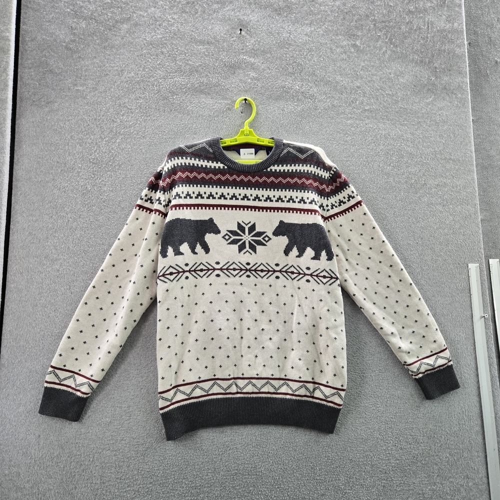 Lands' End Men Sweater L Beige Fair Isle Bears Snowflake Holiday Sweater Ribbed